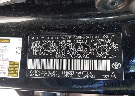 2008 Toyota Prius Hybrid 5D 2Wd from USA, damaged, VIN JTDKB20U183428980